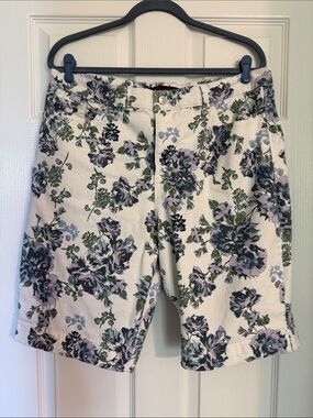 Gloria Vanderbilt White Jean Shorts with Purple and Green Floral Print